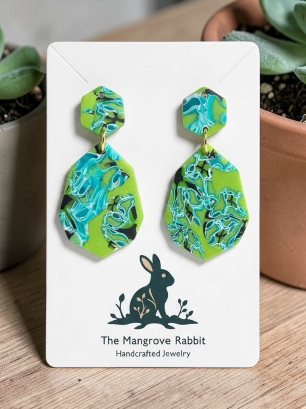 Handmade Bright Green & Blue Large Polymer Clay Dangle Earrings Stainless Posts
